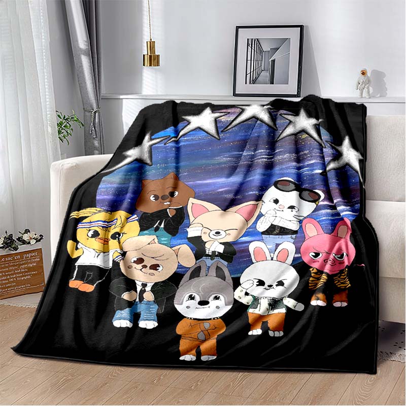 Kawaii Cartoon Animal Characters Print Flannel Blanket, Black Background Throw Blanket