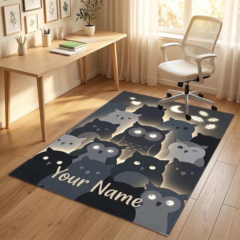 Night Owl Art Theme Soft Crystal Velvet Rug Custom Name & Text Print Non Slip Floor Rug for Bedroom Living Room