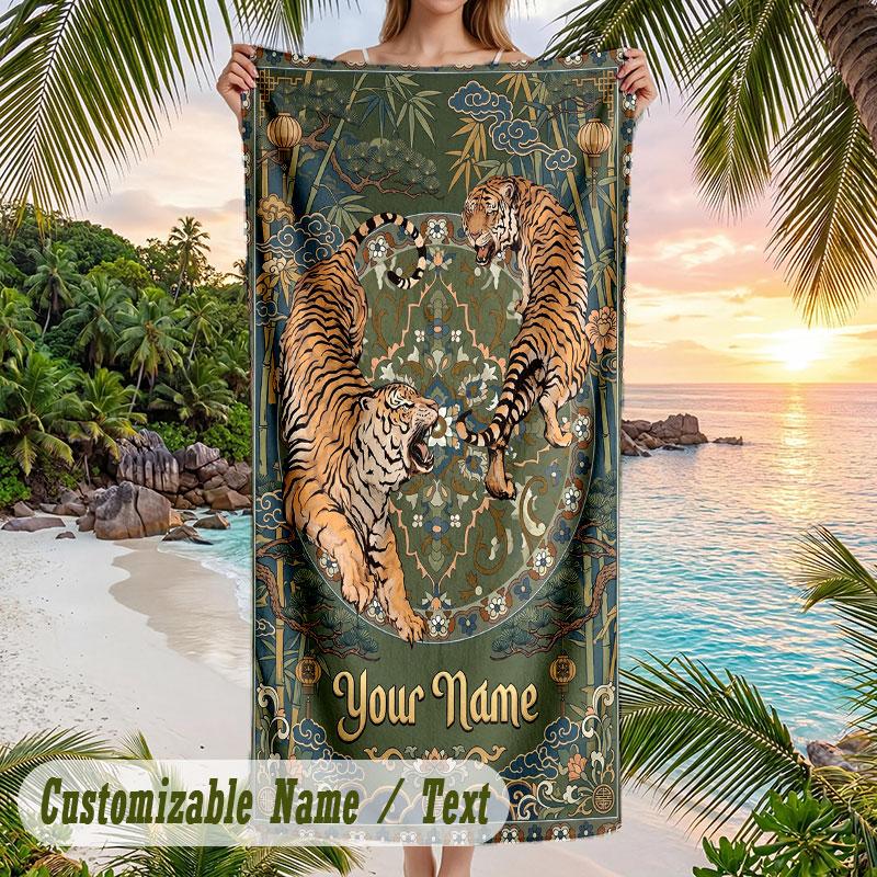 Tiger Art Poster Theme Quick Dry Beach Towel Custom Name Text Print Large Sand Resistant Towel Beach Vacation