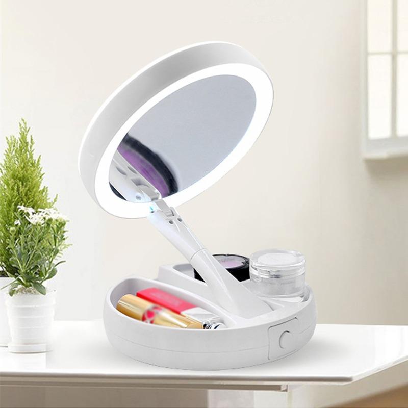 LED Makeup Mirror With 1/10X Magnification - Double Sided, Adjustable, Foldable Vanity Mirror for Travel
