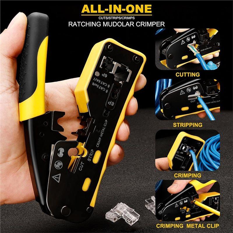 A25F-Modular Data Cable Crimper RJ45 Crimp Tool For Cat5 For Cat6 For Cat6a Ethernet Crimper Ratcheting Through Grade Network Pl