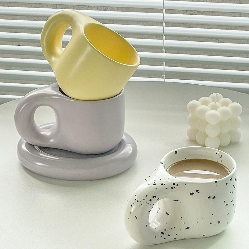 1Set 350ml Ceramic Coffee Chubby Mug Saucer Set Creative Cute Fat Handle Cup with Saucer for Office and Home Room Decor