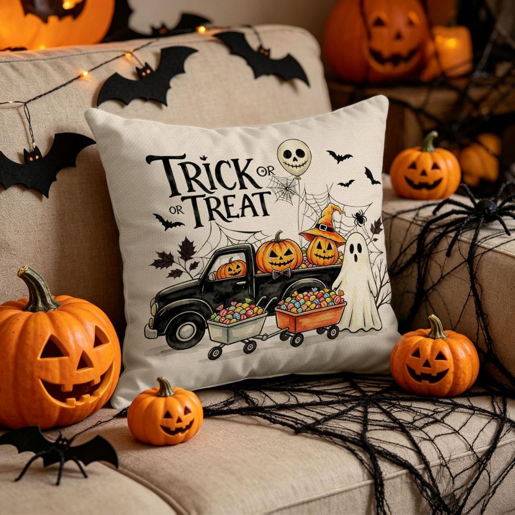 Halloween Decorative Pillow Cover Linen Fabric Indoor Sofa Cushion Case with Witch Ghost Pumpkin Spider Web Design for Autumn Seasonal Home Decor