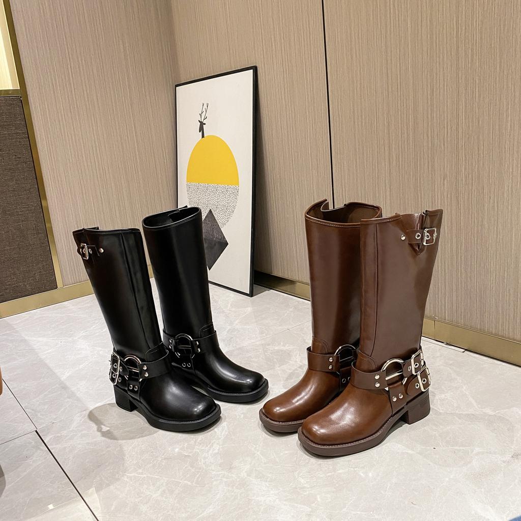 Martin boots sleeve belt buckle soft leather cowboy boots spring and summer western knight boots women's new leather boots retro women