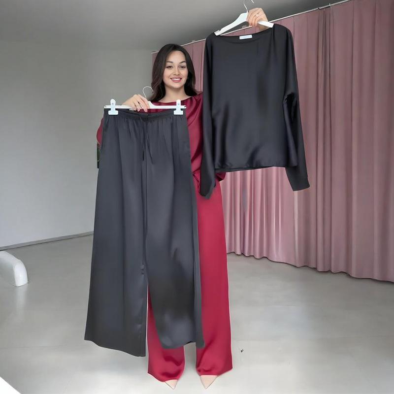 

Женский однотонный топ с длинным рукавом и брюки прямого кроя, повседневный комплект XS чёрный