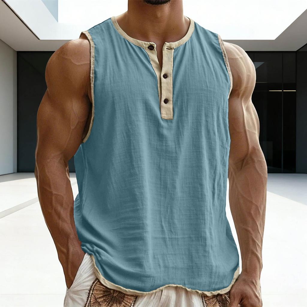 Men Color Block Sleeveless Muscle Workout Gym Shirts Casual Button Down Slim Fit Tee
