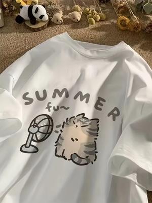 T-shirt Women's Casual Short Sleeved T-shirt Cute Cat Print Round Neck Top