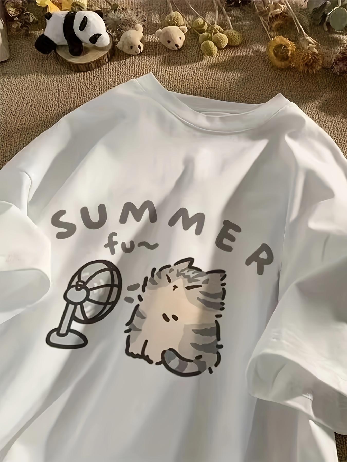 

T-shirt women s casual short sleeved T-shirt cute cat print round neck top 4XL