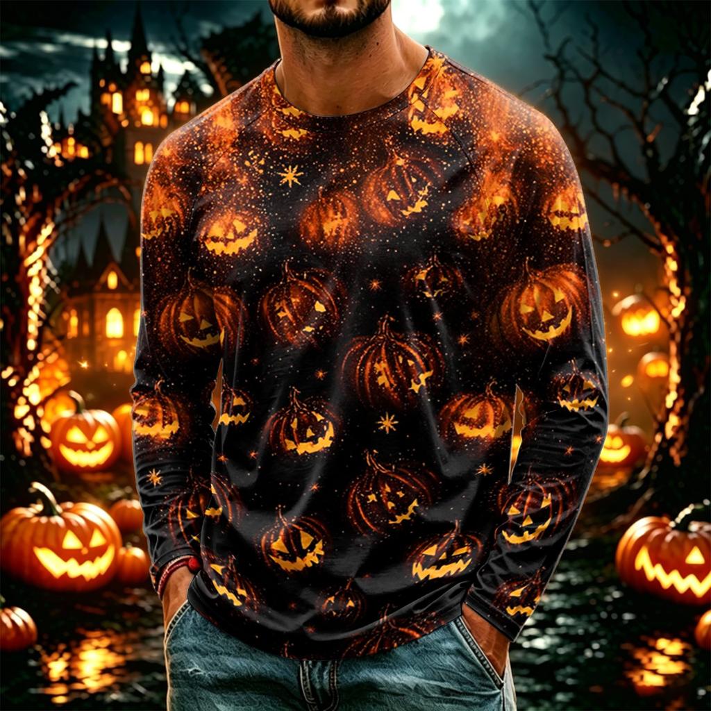 Men's Casual Halloween Print Neck Long Sleeve T-Shirt Lightweight for Daily Wear
