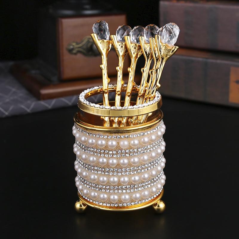 

1 coffee set, 6 coffee spoons and 1 storage bucket combination, fruit dessert spoon, suitable for home, office, party stirring.