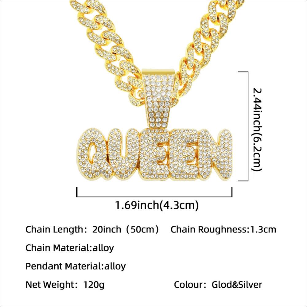 Men Hip Hop KING QUEEN Letter Pendant Necklace with 13mm Miami Cuban Chain Iced Out Bling HipHop Necklaces Fashion Women Jewelry