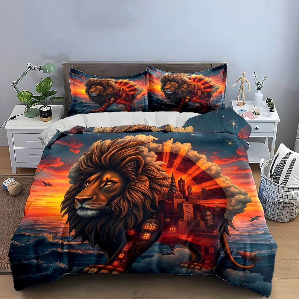 Abstract Lion City Sunset Decor Soft Comfortable Duvet Cover Bedding Set Included 1*Duvet Cover & 2*Pillowcases, Gift