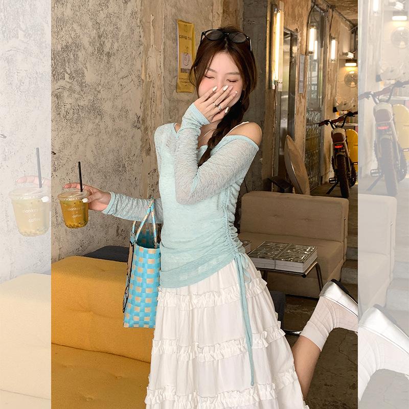 Slant collar one-word off-shoulder thin micro-transparent sunscreen blouse long-sleeved t-shirt women's summer new pleated waist top