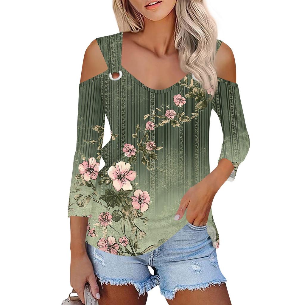 Women's Casual Shirt Blouse Print V-neck Sexy Cold Shoulder 3/4 Sleeve Top