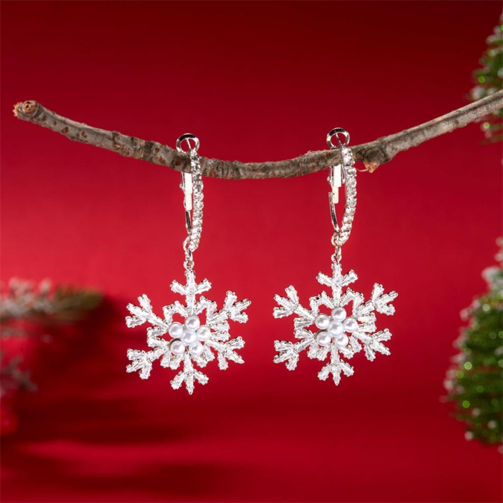 Christmas Shiny Zircon Imitation Pearl Snowflake Drop Earrings Elegant Snow Flower Earrings Holiday Jewelry Gifts For Women Men