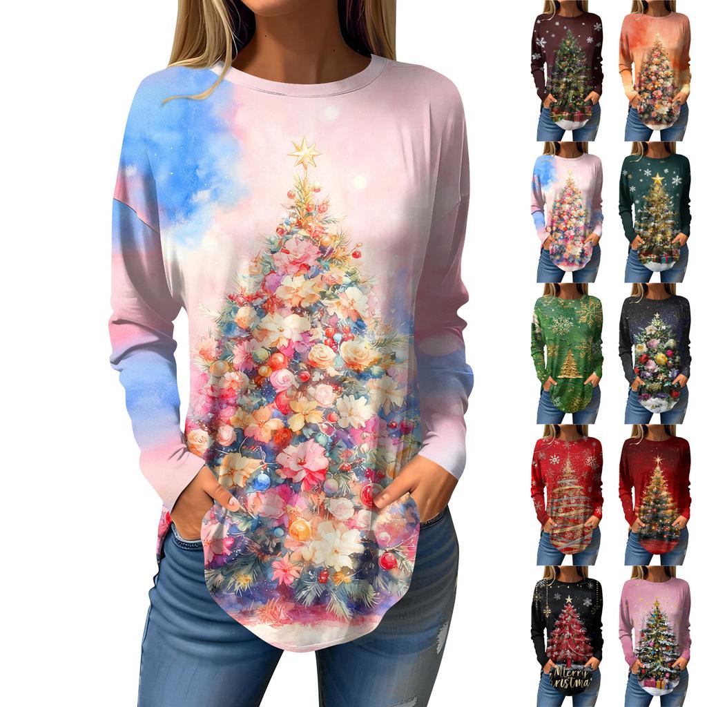 Tee Shirts For Women Casual Round Neck Long Sleeve Shirts Christmas Printing Top Pullover