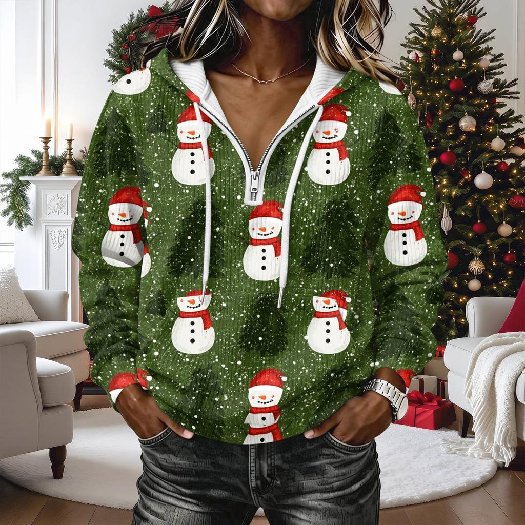 Women's Long Sleeve Christmas Print Hoodie Pullover Top with