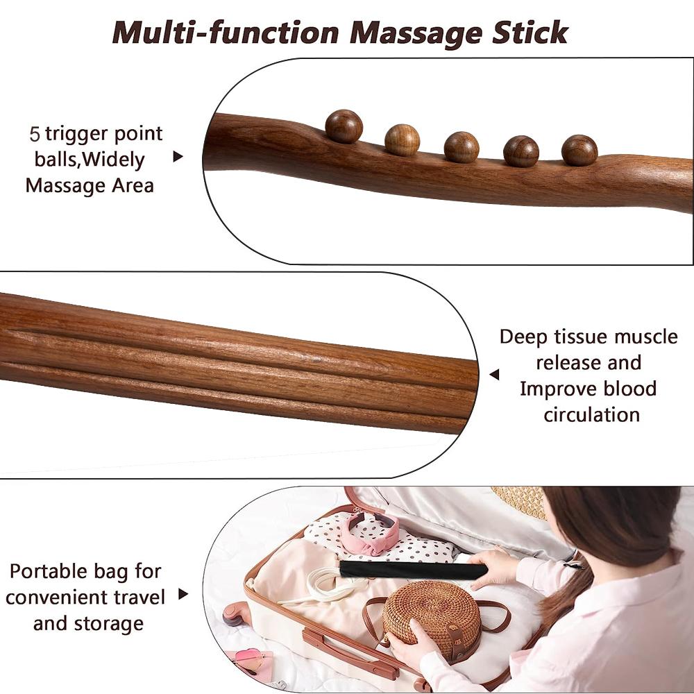 1pc Guasha Wood Massage Stick Tools, 5 Beads Back Massage Roller Stick, Lymphatic Drainage Massager for Body Shaping