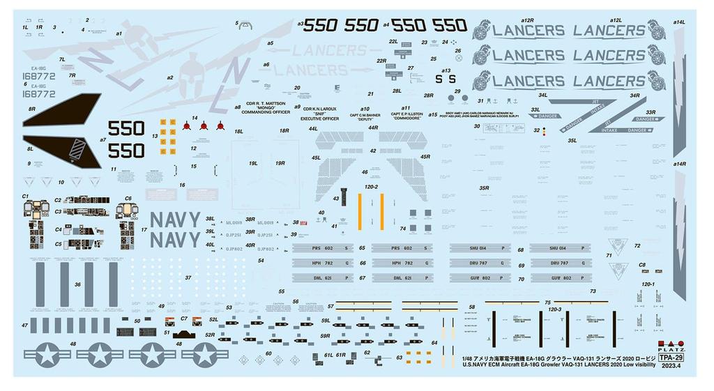 US Navy Electronic Warfare Aircraft Growler Lancers 2020 Low Visibility Plastic Model PLATZ/Italeri 1/48 EA-18G VAQ-131 TPA-29