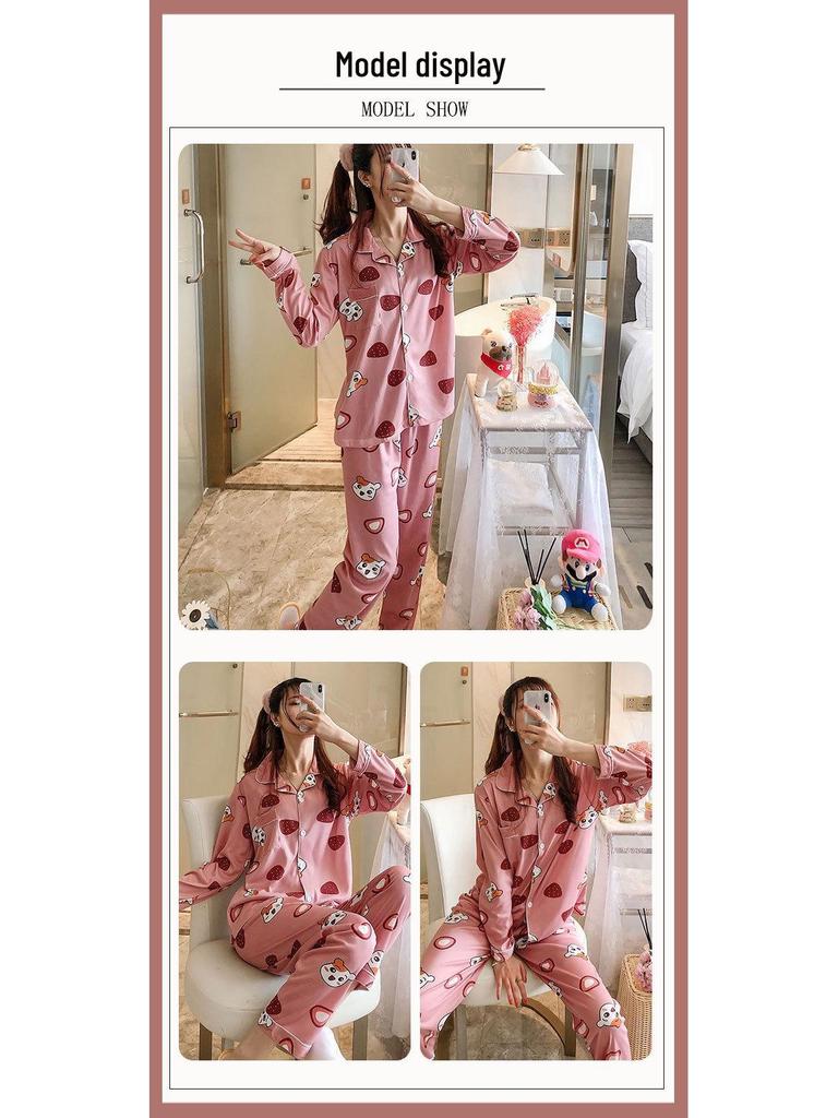 Middle-Aged Mom Long Sleeve Pajamas - Green Plant Series Cardigan, Loose Plus Size Home Set for Women, Spring/Autumn.
