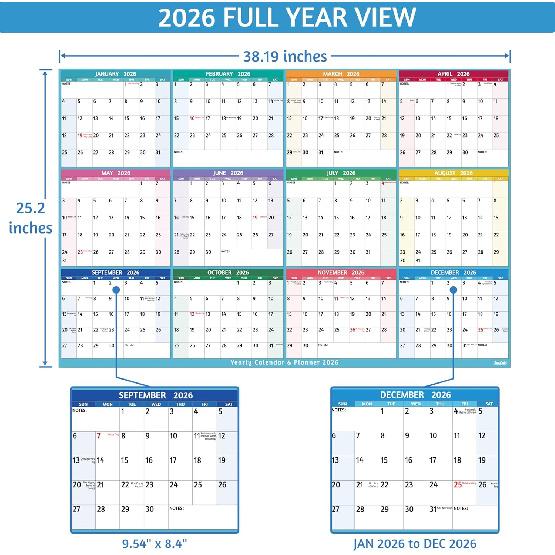 Yearly Wall Calendar 2026 - Large Yearly Calendar 2026, Jan 2026 - Dec 2026, 25.2" x 38.2" (Open), 2026 Calendar, Large Wall Calendar 2026, Full Year