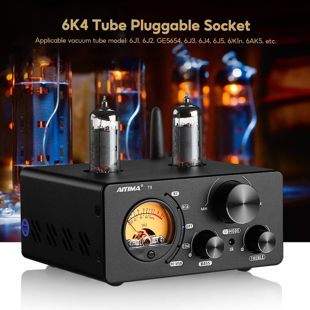 AIYIMA T9 Bluetooth 5.0 100W*2 Tube Amplifier 2.0 Channel Vacuum Tube USB DAC Stereo HiFi Home Audio Digital Amplifier with RCA/COA/Opt/PC-USB and VU