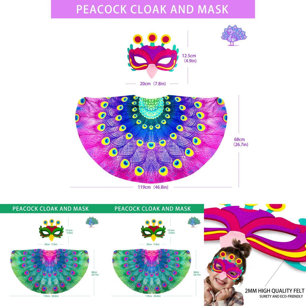 Childrens Peacock Costume Set With Mask And Wings For Halloween And Party Dress Up