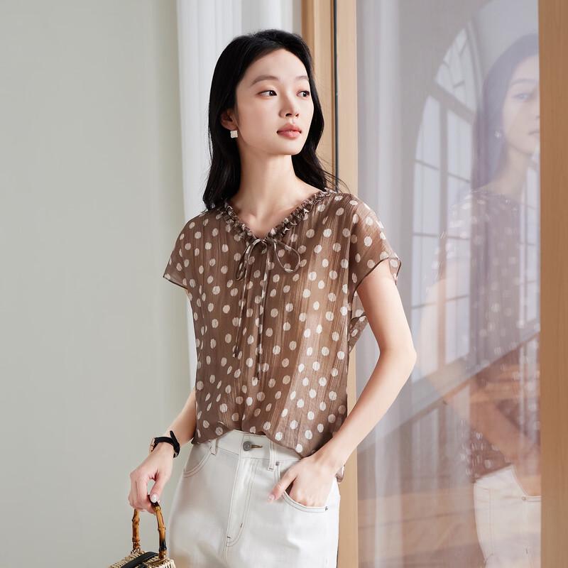 SOFSIL Women s Polka Dot Ruffle V-Neck Blouse L