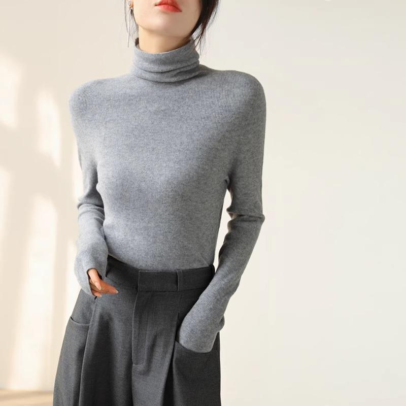 

Приятный для кожи флисовый шерстяной свитер с высоким воротом, облегающий базовый трикотажный свитер для женщин на осень и зиму с воротником L серый