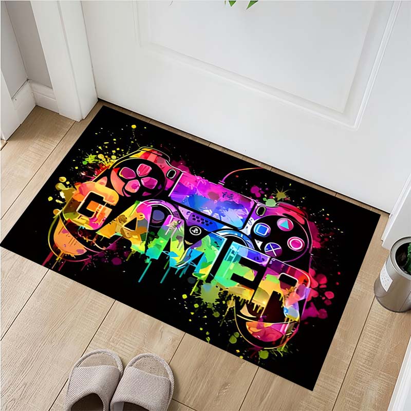 Colorful Graffiti Game Controller Gamer Print Doormat Black Non Slip Rectangular Floor Mat Gaming Room Entryway Bedroom Home Decor Rug