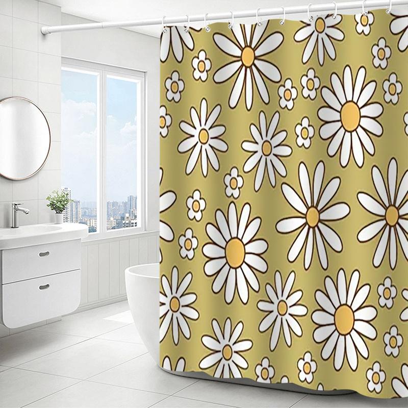 White Chrysanthemum Shower Curtain , Artistic Floral Pattern, Machine Washable, Includes Hooks for Easy Installation W90xH180cm