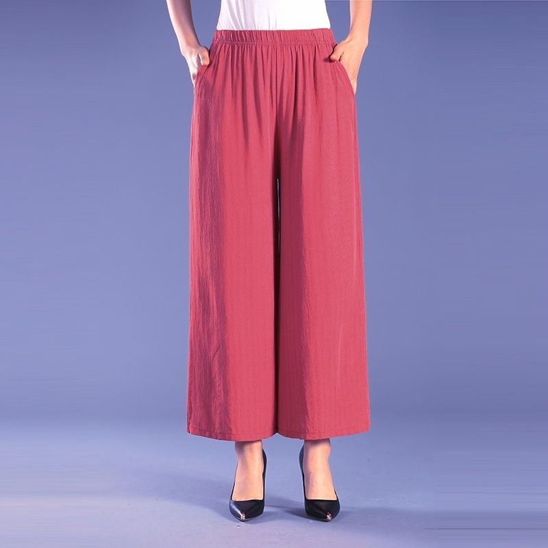 Women's Summer Cotton Wide Leg Trousers Loose Large Size Mother's Elastic High Waist Thin Nine-point Trousers