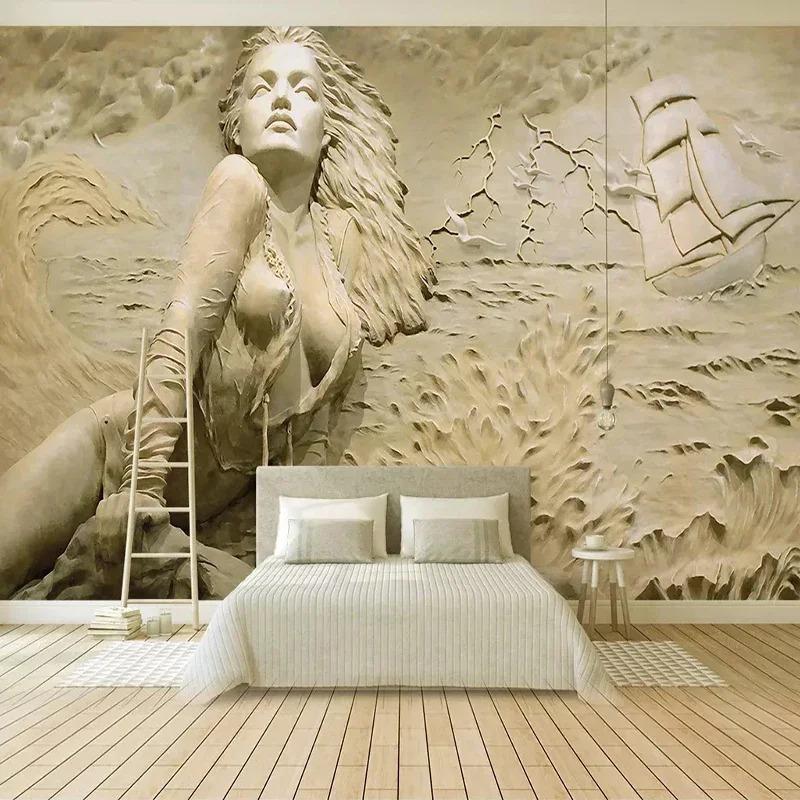 Custom Wall Mural Art Wall Painting European Style Golden 3D Stereoscopic Relief Sea Wave Sailboat Beauty Photo Wallpaper Murals