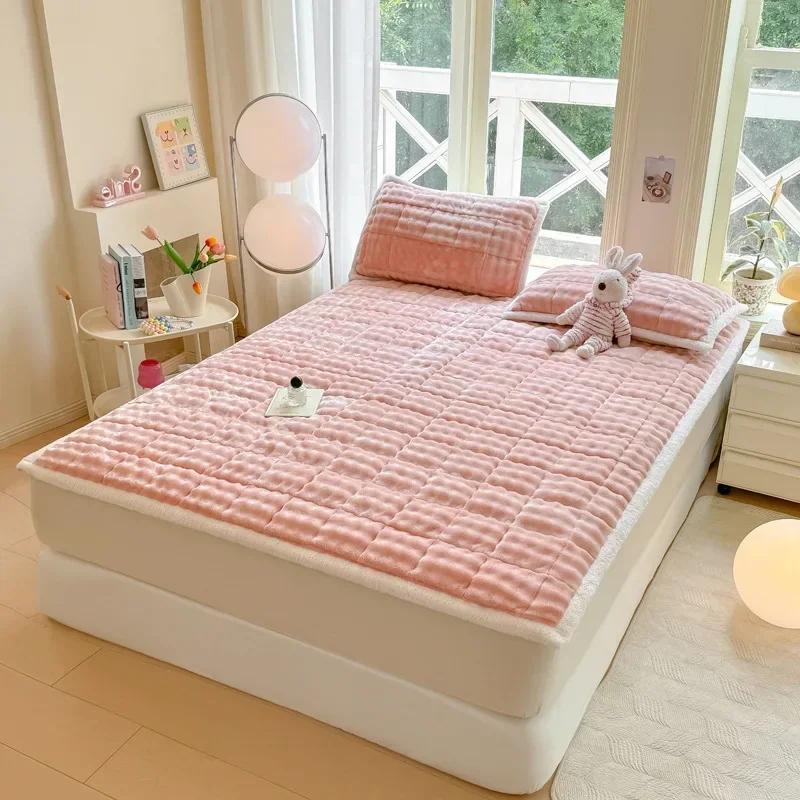 Winter Warm Plush Mattress Toppers Super Soft Single Double Foldable Milk Velvet Thicken Fitted Bed Sheet Bed Cover Tatami Mat