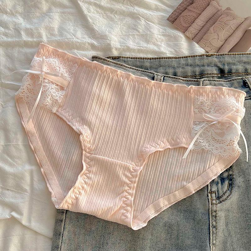 Sweet Lace Antibacterial Women's Elegant Cotton Mid-Waist Bow Briefs