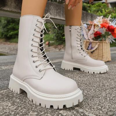 Sapatos Femininos da Moda 2025 Venda Quente Botas Femininas com Zíper Lateral Botas Modernas com Cadarço Femininas Novas Bico Redondo Mais Vendido Botas de Cano Médio