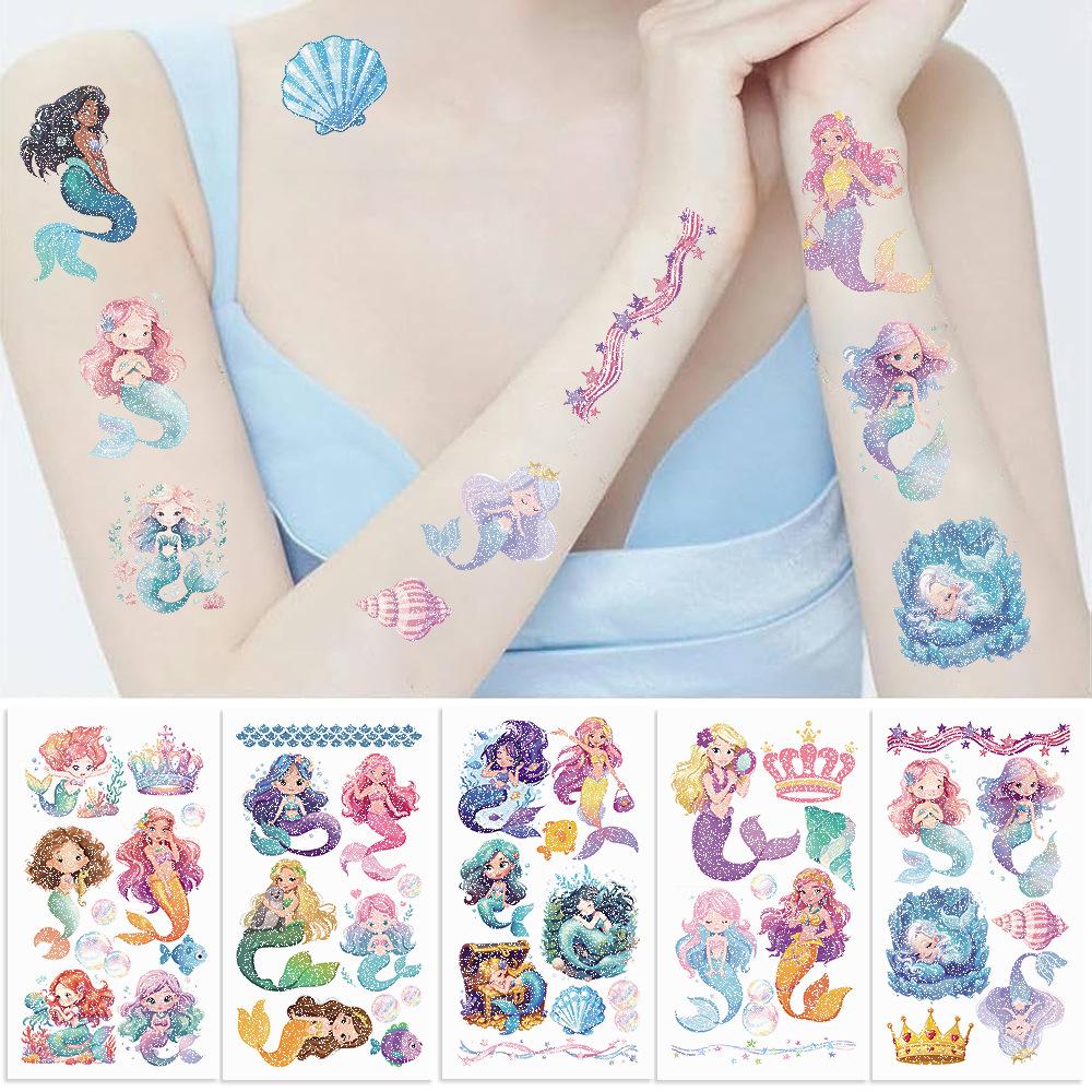 New Cartoon Mermaid Series Glitter Pink Tattoo Stickers Waterproof Party Gift Funny Face Stickers