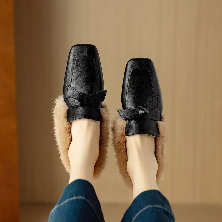 Fashion New Black Brown Autumn Winter Plush Warm Casual Shoes Women's Fashionable and Comfortable Low Heeled Cowhide Warm Cotton Shoes