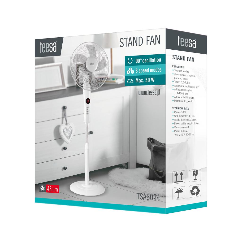 Teesa pedestal fan with remote control, 3 speed modes, TIMER remote control