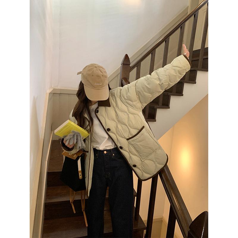 Light Rhombus Imitation Down Cotton-padded Clothes for Women's Winter New Contrasting Color Short Pie Overcome Corduroy Lapel Bread Jacket