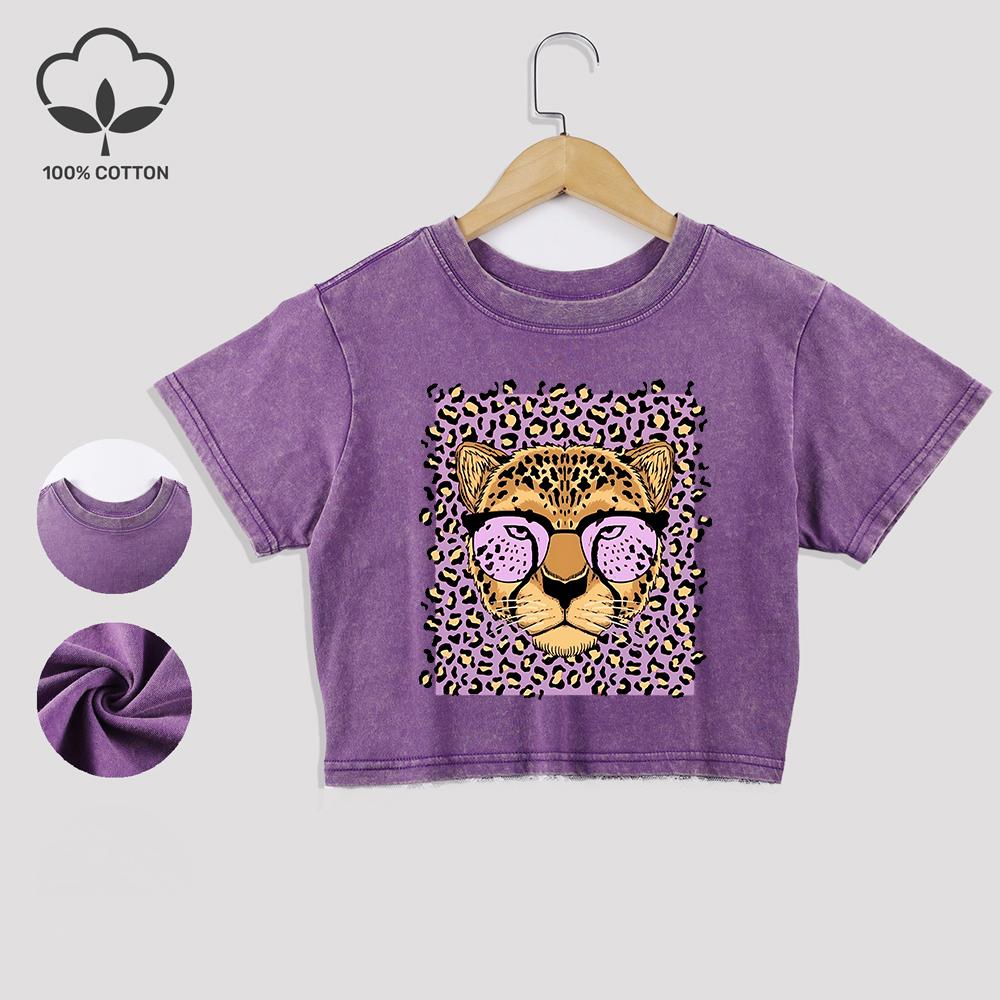 

Мультяшная хлопковая футболка с леопардовым принтом, трендовая летняя укороченная футболка с кружевной отделкой, с круглым вырезом, стандартного кроя, топы, повседневная женская одежда XL