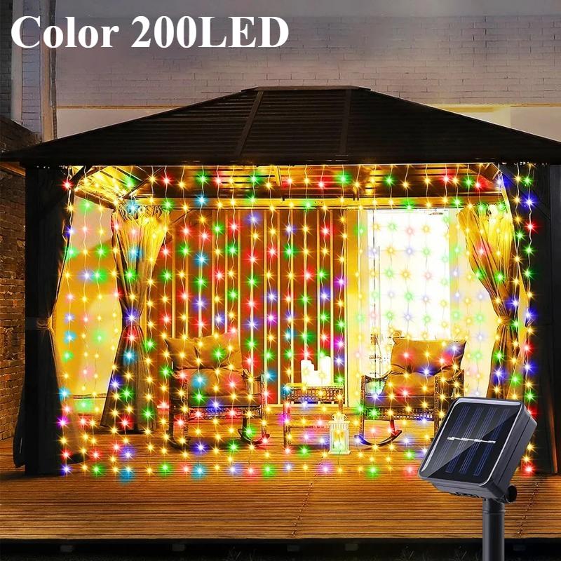 

300 светодиодов солнечные шторы гирлянды наружные водонепроницаемые садовые украшения сказочная гирлянда 8 режимов освещения рождественское освещение Color 200LED
