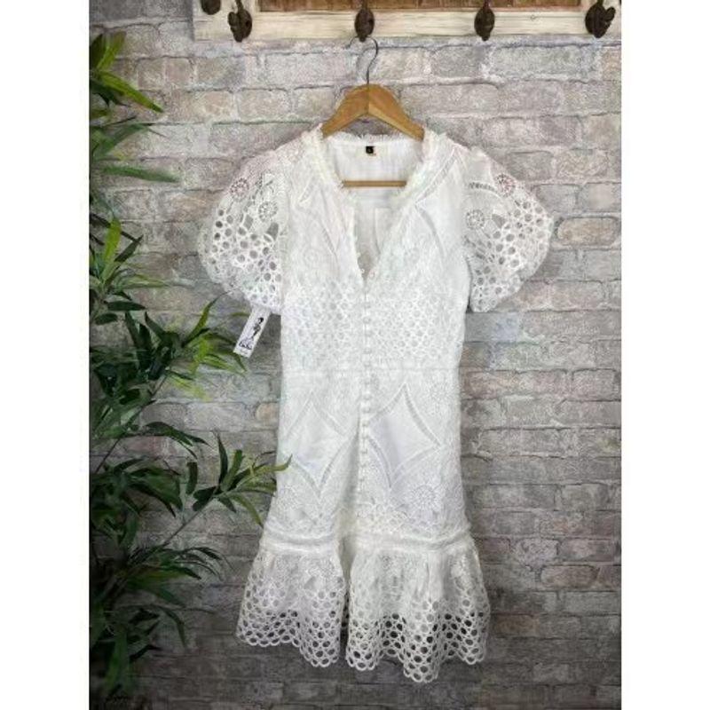 

Fashion Summer Clothing New Arrival Lace Package Hip Short Sleeve Dress Hollow out Short Sleeve Dress White 2XL
