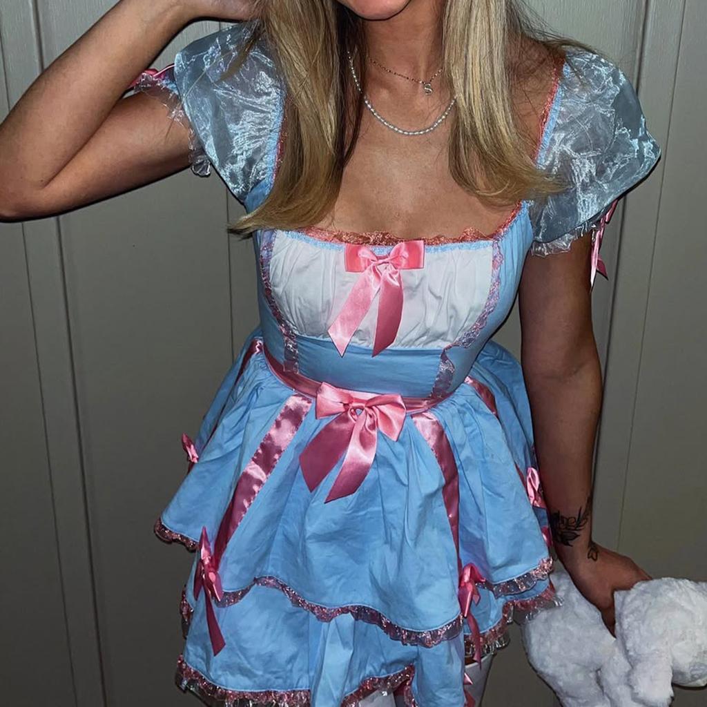 Womens Halloween Costume Dress Decorative Bow A Line Short Sleeve Cosplay Dress and Bow Tie Neck Collar 2 Pcs Set