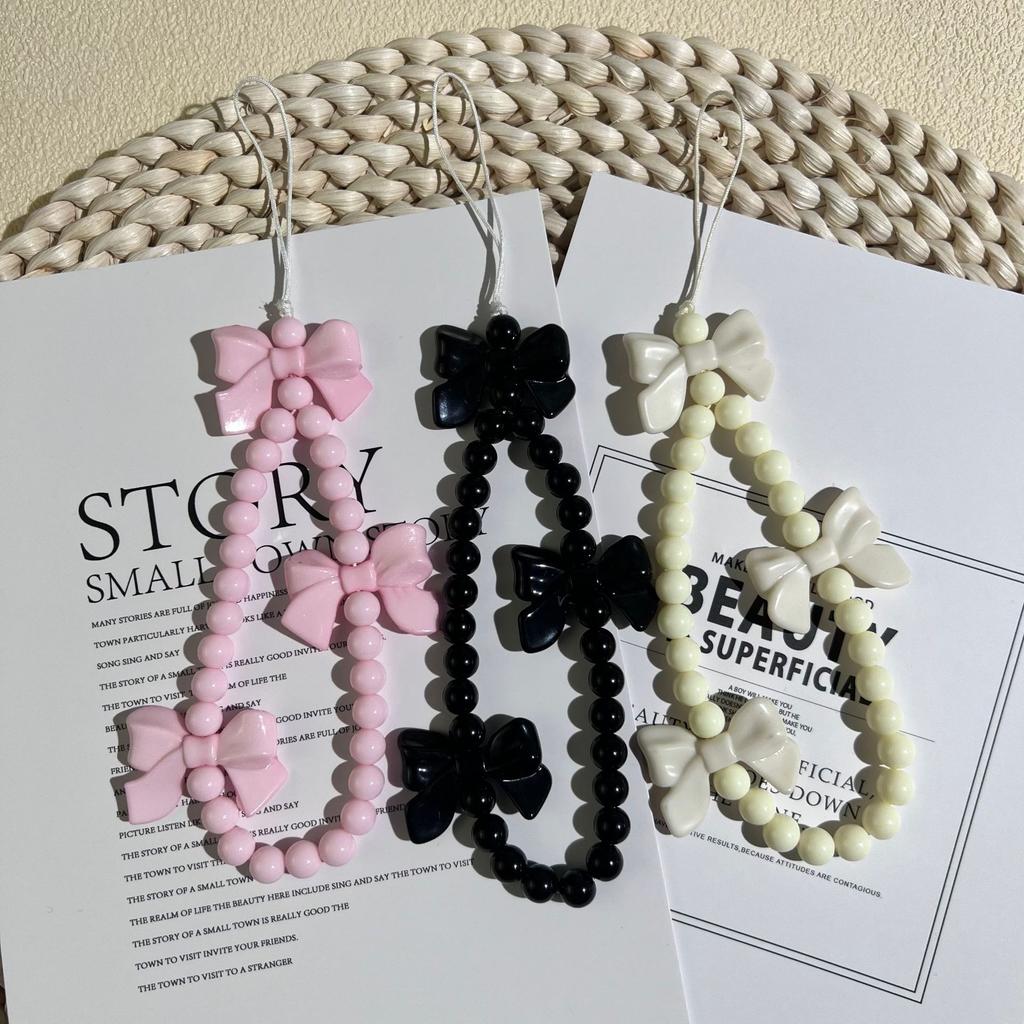 1Pc 3D Bowknot Phone Chain Acrylic Beaded Mobile Phone Pendant For Women Anti-Lost Phone Chain Hanging Jewelry Sweet Accessories