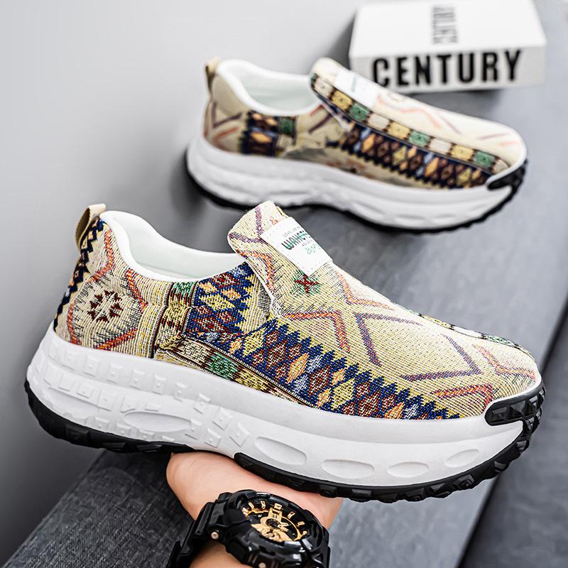 Foreign Trade One-pedal Thick-soled Dad Men's Versatile Printing Heightening Canvas Lazy Shoes Middle-aged and Elderly Lightweight Sports Shoes