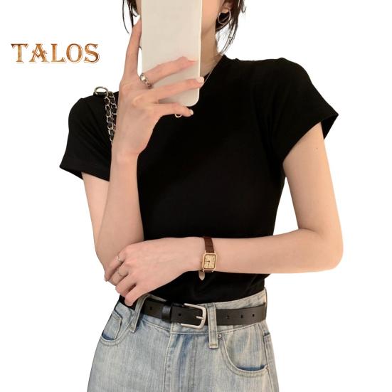 

Женская приталенная футболка с круглым вырезом и короткими рукавами, пуловер, однотонная эластичная мягкая футболка, уличная одежда S чёрный