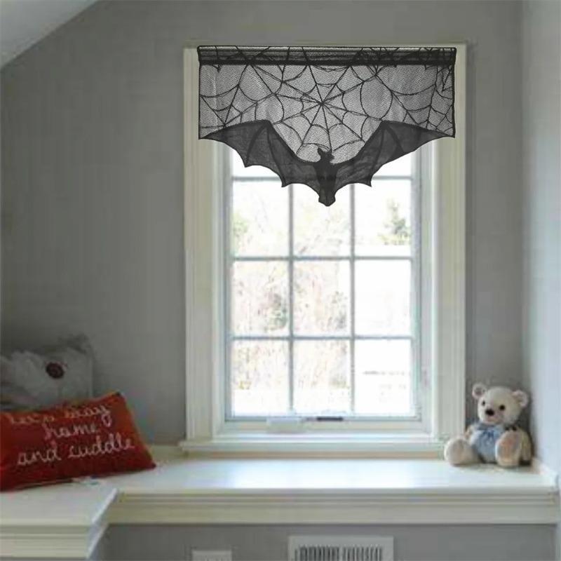 Halloween Lace Curtain Gothic Bat Tablecloth Fireplace Scarf Window Cover For Party Home Decoration Cobweb Halloween Wholesal