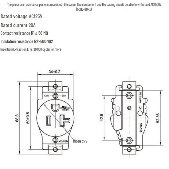 XIONGDA NEMA 5-20R American 3-Hole 20A 120V Single Gang Socket