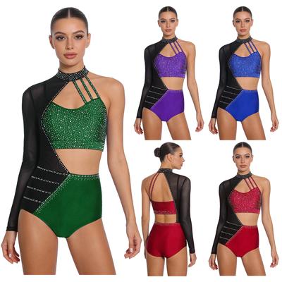 Competition-Ready Figure Skating Leotard S-XXL: Shiny Rhinestone Color Block Design with Fashionable Hollow-Out